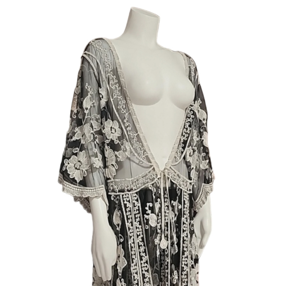 ASHA Gypsy Boho Embroidered Duster L M S Robe Maxi Dress Swim Cover Up Kimono - Picture 3 of 14